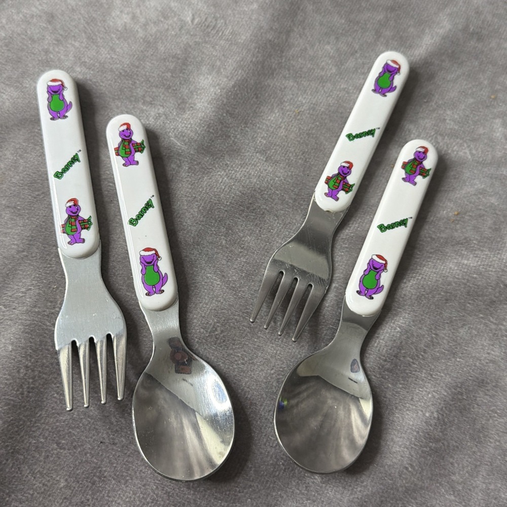 Set of 2 Vintage 1994 Barney Toddler Kids Character Spoon Fork - The Lyons Group